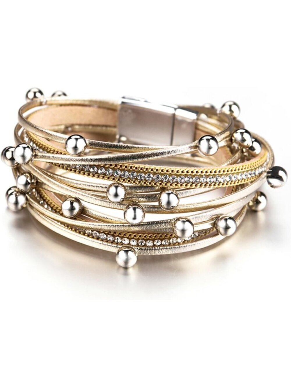 Women Gold Boho Leopard Multi Layer Crystal Beads Cuff Leather Wrap Bracelets